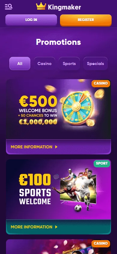 King Maker Casino mobile browser promotions interface with reloads and rewards