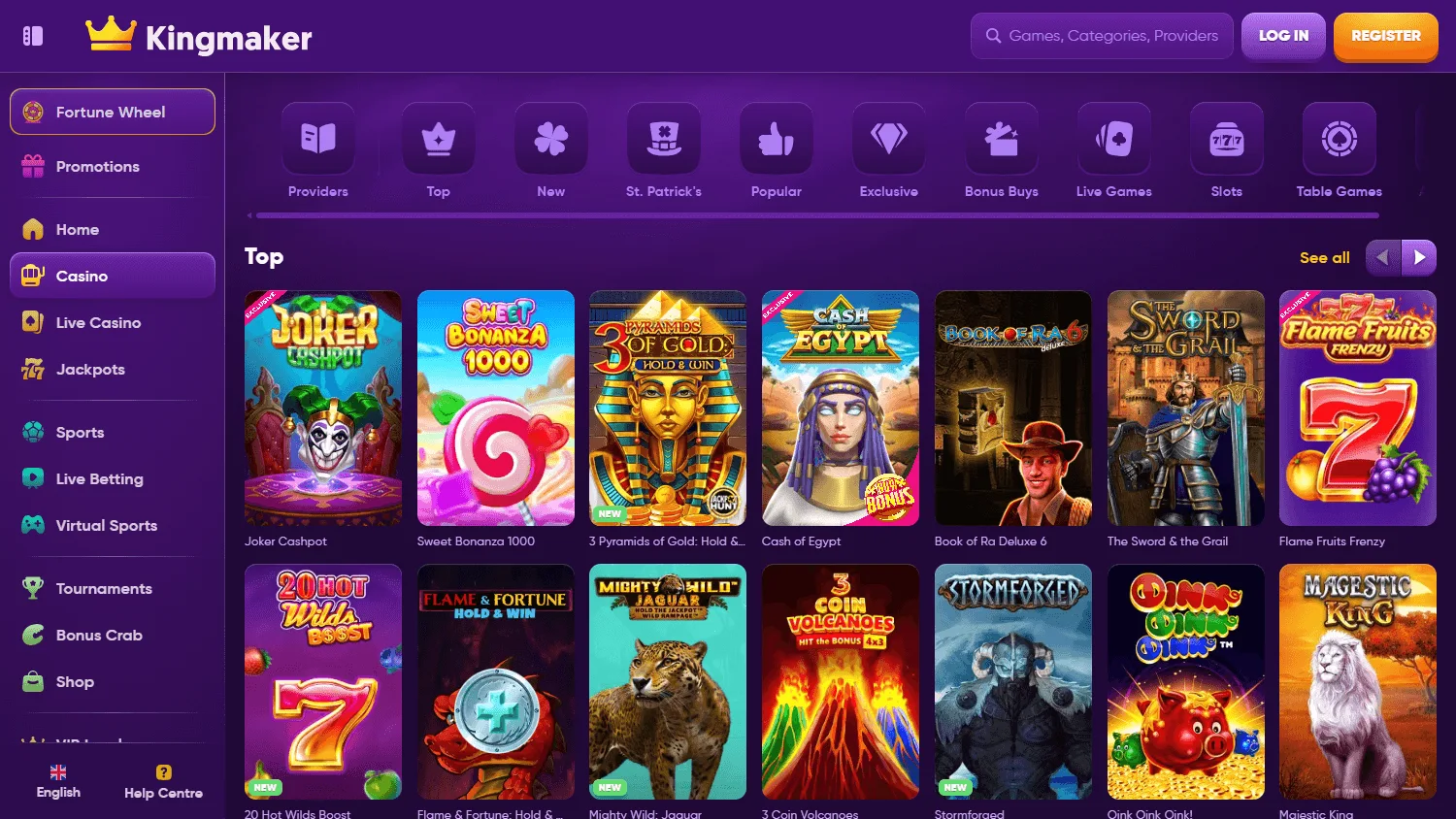 King Maker Casino desktop games interface with slots and casino categories