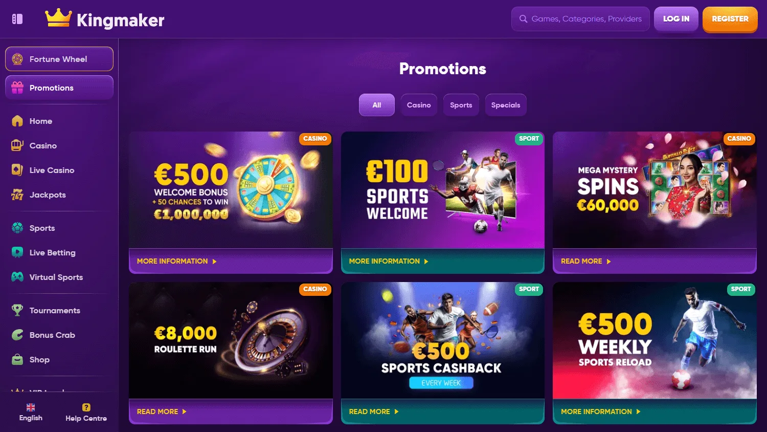 King Maker Casino desktop promotions interface with bonus and cashback offers