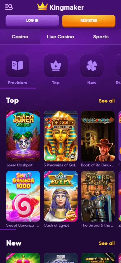 King Maker Casino mobile browser games interface with casino categories