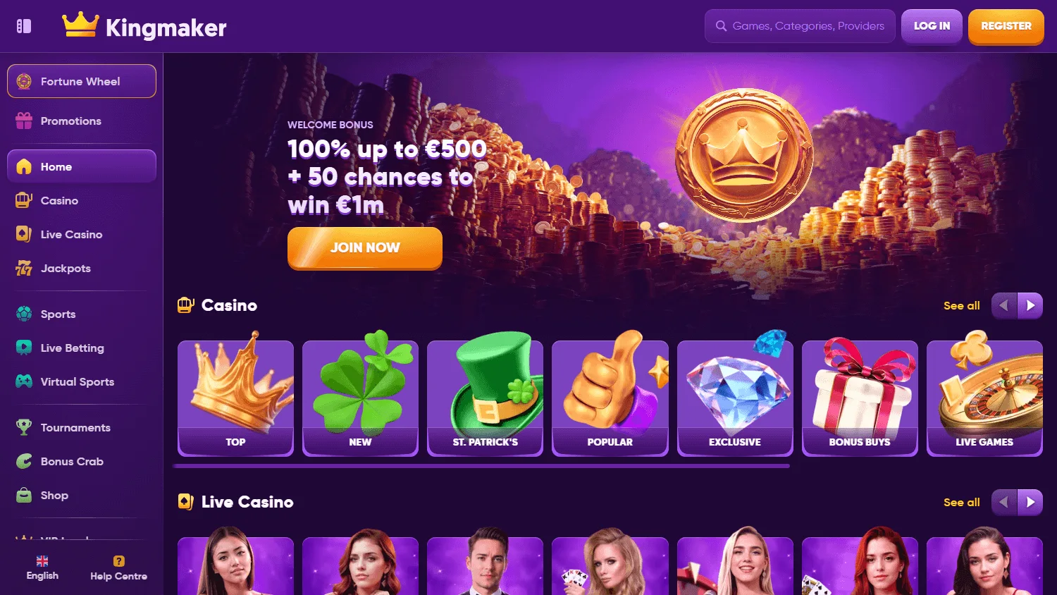 King Maker Casino desktop home interface with casino, sportsbook and promotional access