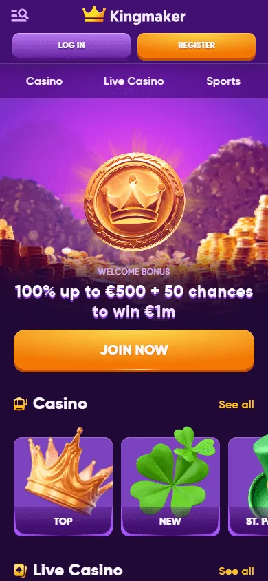 King Maker Casino mobile browser home interface on iOS or Android